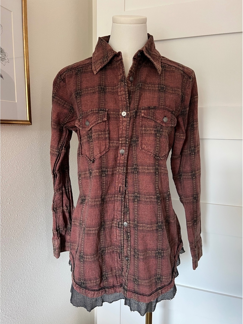 Y2K Rust Brown Plaid Shacket Shirt Jacket Button